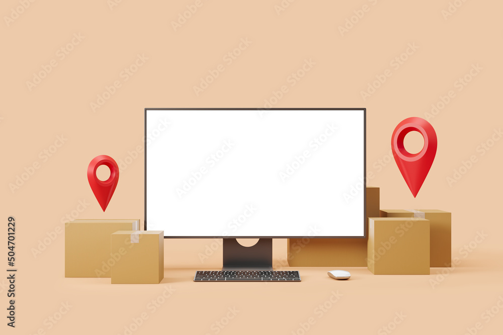 Aufkleber pc computer screen, cardboard boxes with map pin. mockup copy space