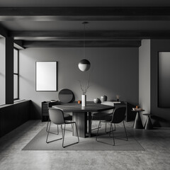Grey dining room interior with seats and table, window and mockup poster