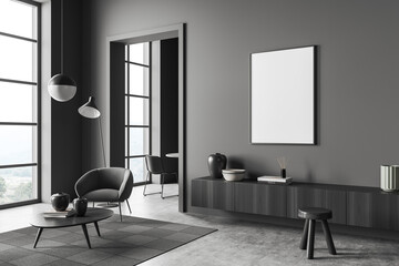 Relax room interior with chairs and drawer with decoration, mockup frame