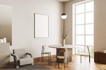 Light eating room interior with table and seats, window and mockup frame