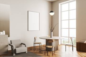 Fototapeta premium Light eating room interior with table and seats, window and mockup frame