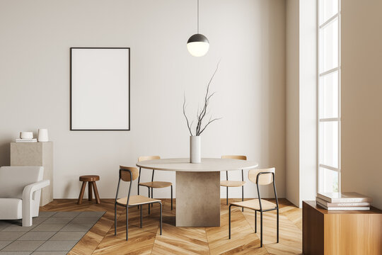 Light eating room interior with table and seats, stand and mockup frame