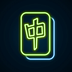 Obraz premium Glowing neon line Mahjong pieces icon isolated on black background. Chinese mahjong red dragon game emoji. Colorful outline concept. Vector