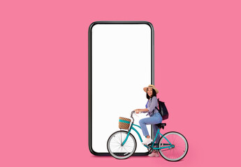 Mobile Offer. Happy Asian Woman Riding Retro Bike Near Big Blank Smartphone