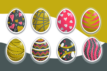 Abstract, decorative egg with rainbow elements, boho style flowers, butterfly and Happy Easter text.