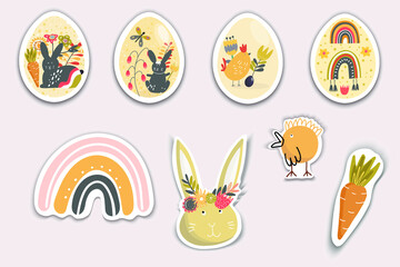 Happy Easter cute stickers template set. Bundle of festive  eggs, bunny, chicken, carrot, rainbow. Scrapbooking elements. Vector illustration in flat cartoon design.