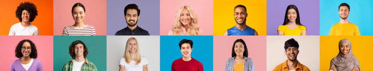 Collage of diverse ethnicity young people, group headshots - obrazy, fototapety, plakaty