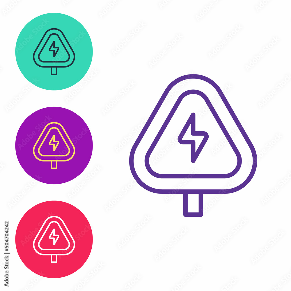 Poster set line high voltage sign icon isolated on white background. danger symbol. arrow in triangle. warn