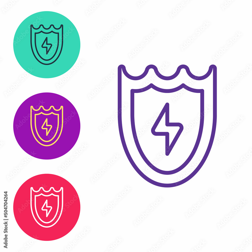 Poster set line lightning and shield icon isolated on white background. high voltage shield. safe energy. s
