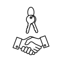 Delivery of the keys linear icon. Hand giving key to another hand 