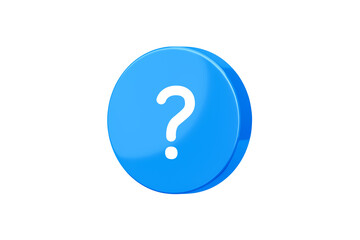 Blue question mark 3d icon isolated on white background of notification unknown confusion problem sign or faq support assistance information answer and education quiz symbol doubt decision concept.