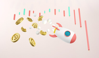 Rocket with cryptocurrency cash.3D rendering