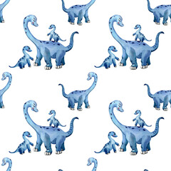 Watercolor dinosaur mom and baby. Cute blue diplodocus izolated on a white background © lyubovyaya