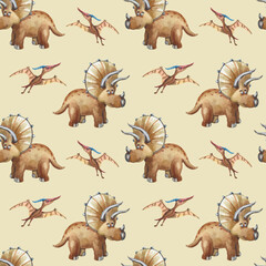 Watercolor brown dinosaurus. Seamless pattern. Cute triceratops, pterodactyl © lyubovyaya
