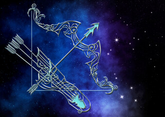Edle metallisch leuchtendes Sternzeichen Schütze im Sternenhimmel mit passender Konstellation - obrazy, fototapety, plakaty