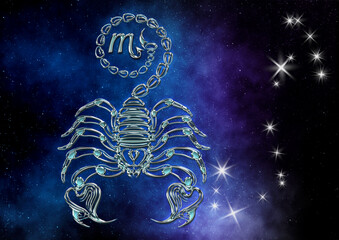 Edle metallisch leuchtendes Sternzeichen Skorpion im Sternenhimmel mit passender Konstellation