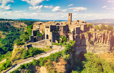 Fototapeta premium Amazing aerial view of Civita di Bagnoregio landscape in summer season, Italy. This is a famous medieval italian town