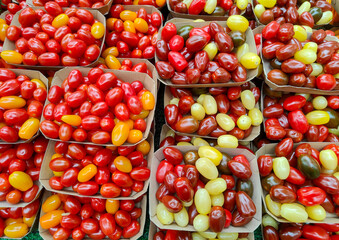 Assortment of different organics cherry tomatoes sold at city market