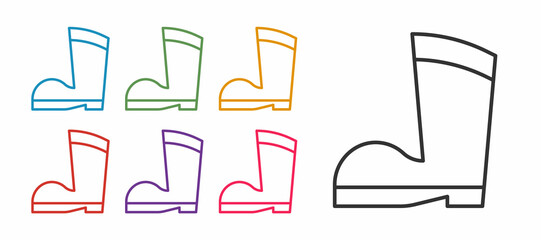 Set line Waterproof rubber boot icon isolated on white background. Gumboots for rainy weather, fishing, gardening. Set icons colorful. Vector