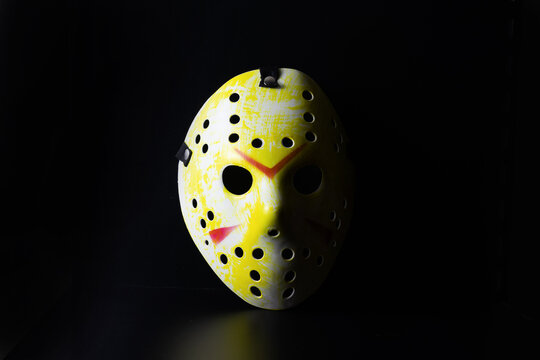 Mask of maniac Jason Voorhees from Friday the 13th movie on black background - Russia, St. Petersburg, May, 2022