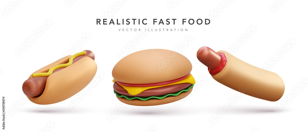 Wall mural Set of realistic 3d flying burger and hotdogs isolated on white background. Vector illustration