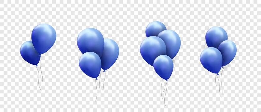 Set of 3d render realistic blue balloon with ribbon isolated on transparent background. Vector illustration
