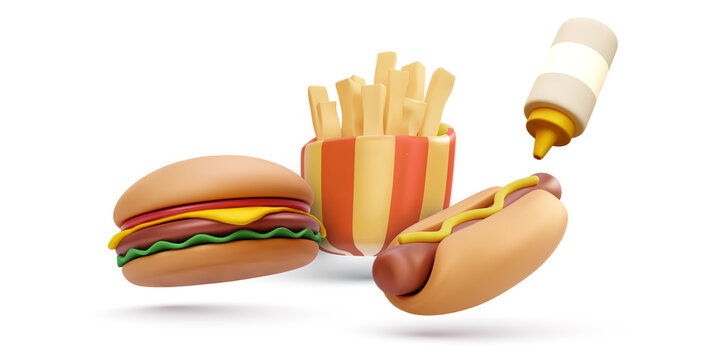 3d realistic fresh tasty burger, hotdog and french fries isolated on white background. Vector illustration