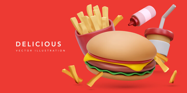 Banner with 3d realistic render burger and coffee cup, fries potatoes, ketchup isolated on red background. Vector illustration