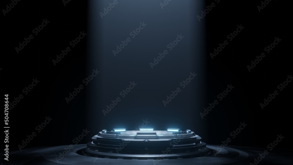 Poster 3d rendering of sci fi mech circle shape pedestal with glowing led light and grunge dark floor. for 