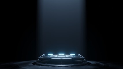3D Rendering of sci fi mech circle shape pedestal with glowing led light and grunge dark floor. For hi tech product display, big data, computer hardware, ai, crypto background