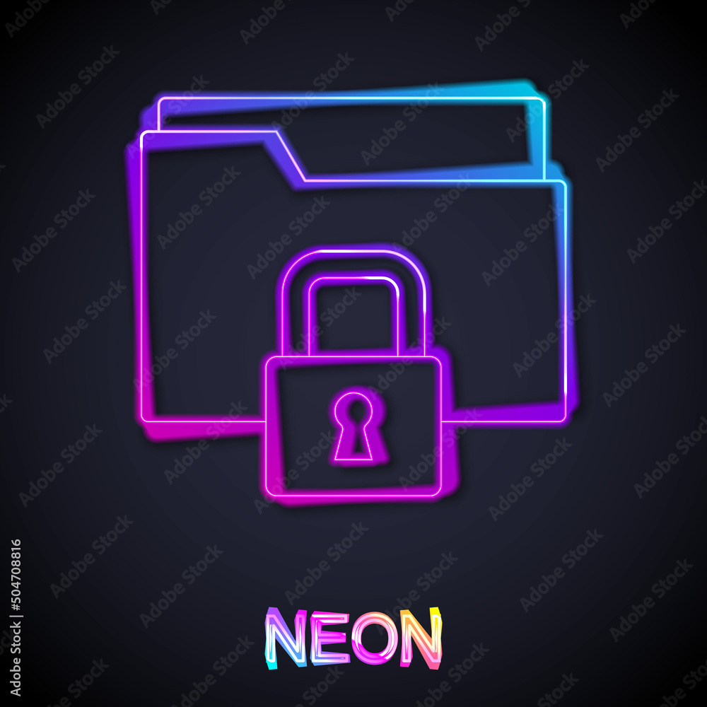 Poster glowing neon line folder and lock icon isolated on black background. closed folder and padlock. secu