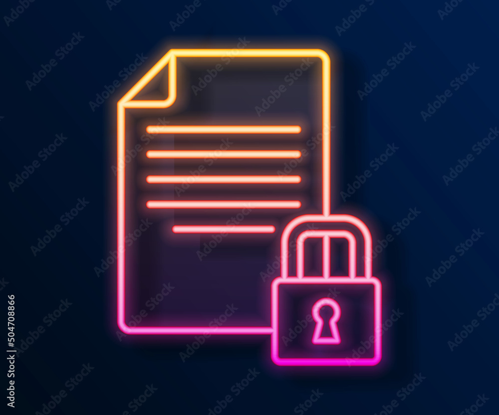 Poster glowing neon line document and lock icon isolated on black background. file format and padlock. secu