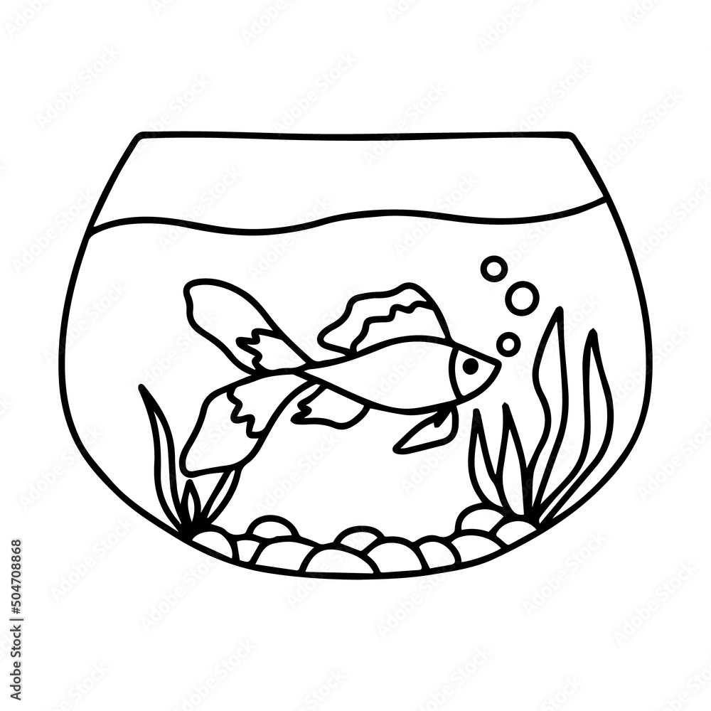 Wall mural Goldfish in an aquarium. Vector illustration . Doodle style. Two goldfish. Aquarium with algae.