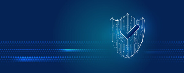 Shield icon, future technology for verification. Abstract high tech background. Data security system, information, or network protection. Cyber security and data protection.