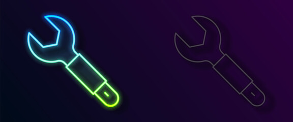 Glowing neon line Wrench spanner icon isolated on black background. Spanner repair tool. Service tool symbol. Vector