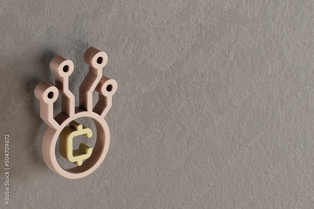 Poster beautiful abstract illustrations golden blockchain token symbol icons on a gray wall background. 3d 