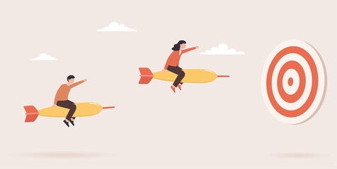Business vision and orientation of business goals to success. Red target and arrows with people moving towards the target.
