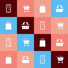 Set pop art Online shopping on phone, Shopping cart and food, Paper bag and basket icon. Vector