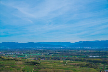 Germany, Panorama view above city freiburg im breisgau surrounded by majestic mountains in beautiful schwarzwald nature landscape