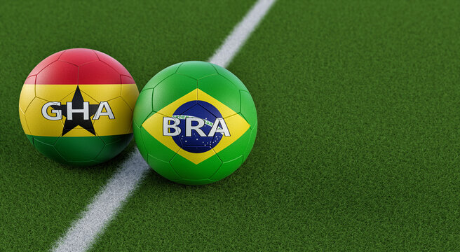 Brazil vs. Ghana Soccer Match - Leather balls in Brazil and Ghana national colors. 3D Rendering 