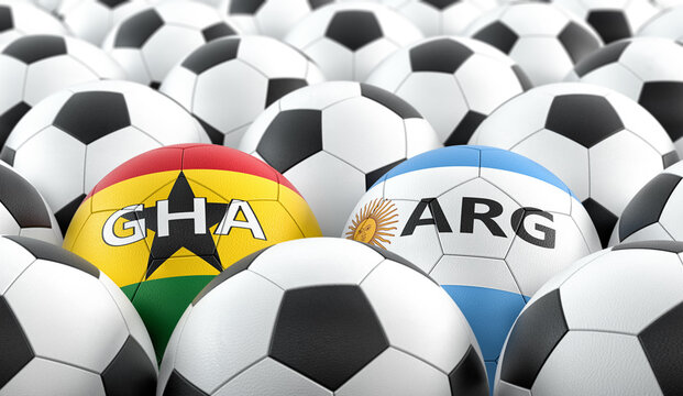 Argentina vs. Ghana Soccer Match - Leather balls in Argentina and Ghana national colors. 3D Rendering 