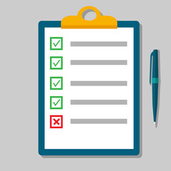 Clipboard with check list flat image jpeg icon with long shadow. To-do list, survey, exam concepts. Markers colored jpg illustration.
