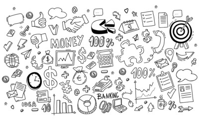 Big vector set of financial icons. Hand gesture, money, business, finance and charts, infographics, money and goal, communication and success. Vector illustration. Isolated linear hand drawn doodles © Ludmila