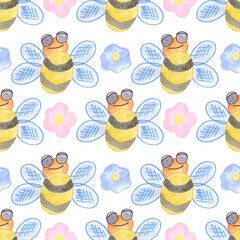 Watercolor pattern . Bees and flowers