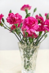 Fototapeta na wymiar Glass vase with bunch of pink carnation flowers