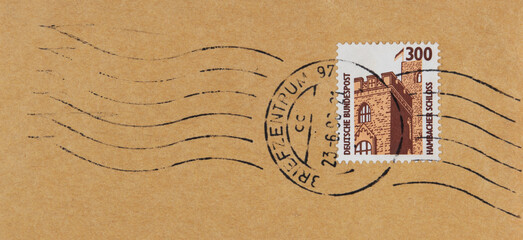 briefmarke stamp vintage retro alt old 300 hambacher schloss castle braun brown stempel cancel welle wave gestmepelt umschlag envelope