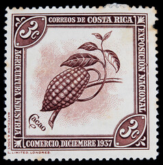briefmarke stamp vintage retro alt old braun kakao cacao pflanze plant costa rica papier paper 3c...