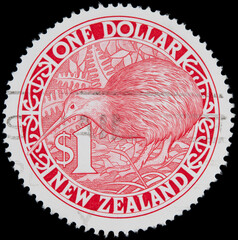 briefmarke stamp vintage retro alt old red rot kiwi vogel bird new zealand neuseeland one dollar rund round used gestempelt frankiert cancel