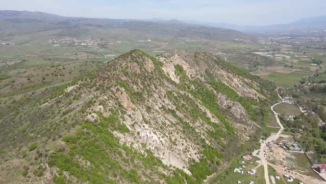 Aerial Spring view of Kozhuh Mountain and Petrich valley, Bulgaria
