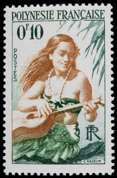 briefmarke stamp vintage retro alt old polynesia polynesie ukulele frau woman musik music hawaii bikini post letter mail